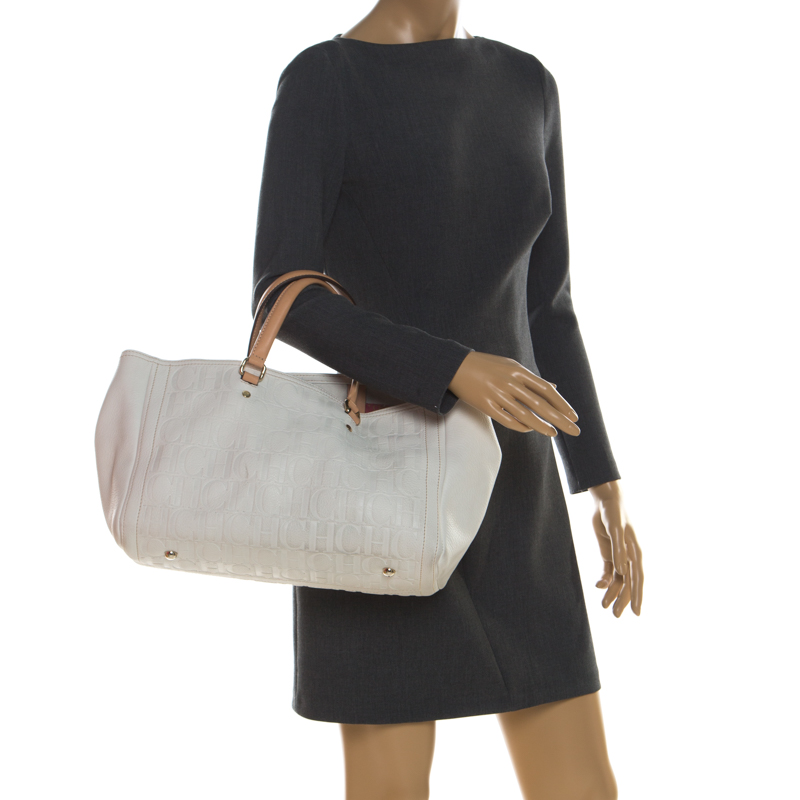 

Carolina Herrera White/Beige Monogram Embossed Leather Tote
