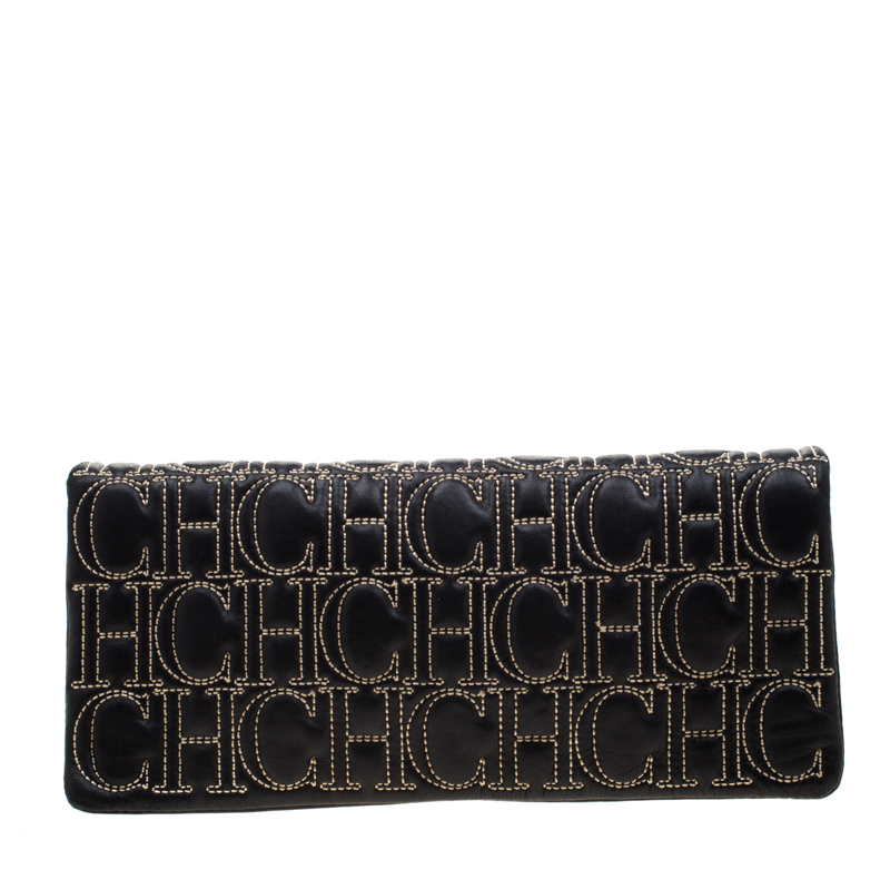 Pre Owned Carolina Herrera Black Monogram Leather Clutch