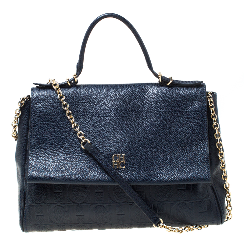 Carolina Herrera Navy Blue Leather Minuetto Flap Top Handle Bag CH ...
