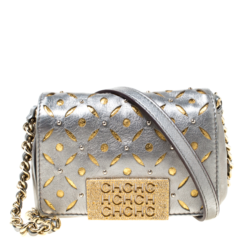 Pre Owned CH Carolina Herrera Metallic Silver Embellished Crossbody Bag