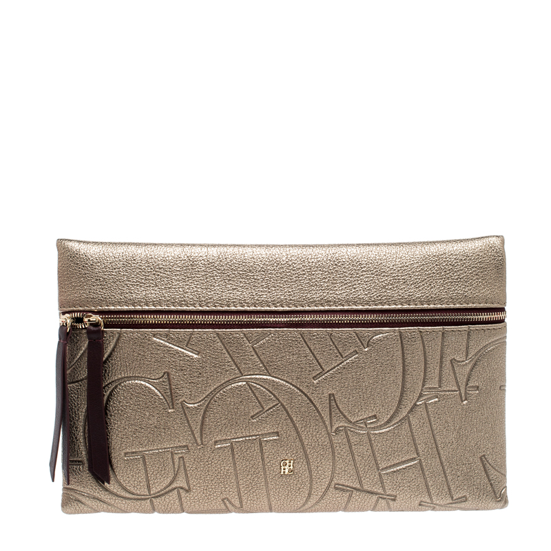 Pre Owned Carolina Herrera Metallic Monogram Crossbody Bag