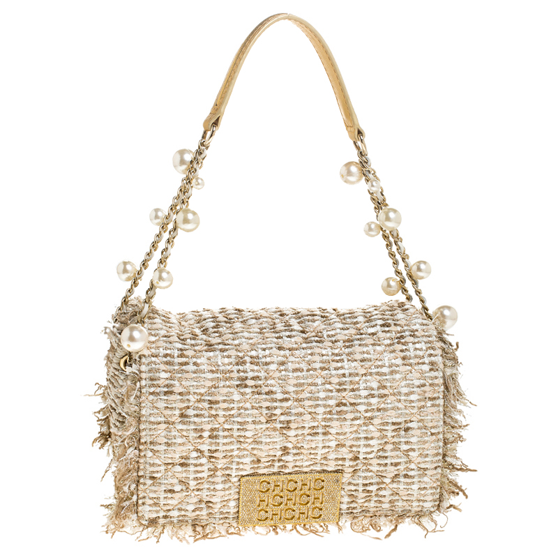 Carolina Herrera Beige/Gold Tweed and Fabric Faux Pearl Embellished Shoulder Bag