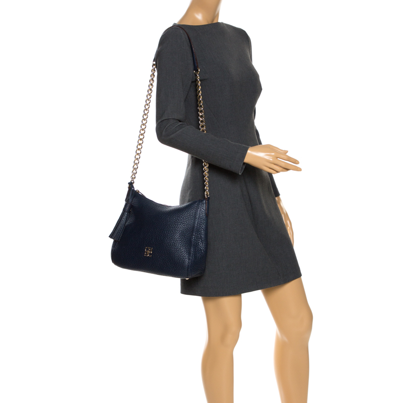 

Carolina Herrera Navy Blue Leather Chain Tassel Shoulder Bag