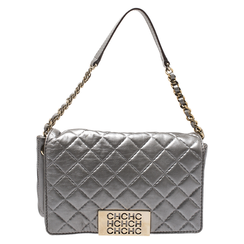 CH Carolina Herrera Silver Quilted Leather Flap Bag CH Carolina Herrera ...