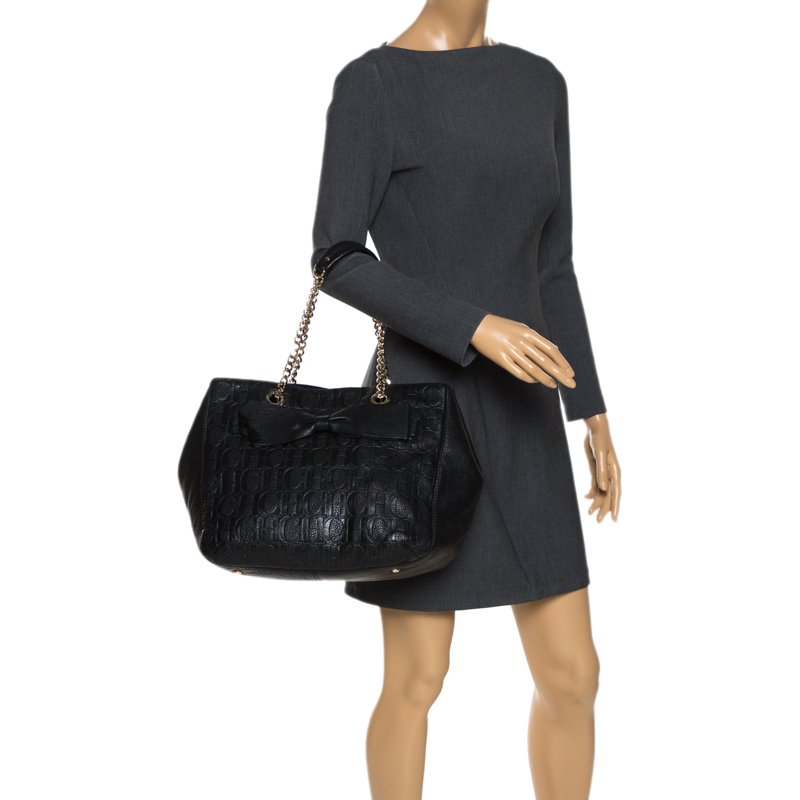 

Carolina Herrera Black Monogram Leather Audrey Tote