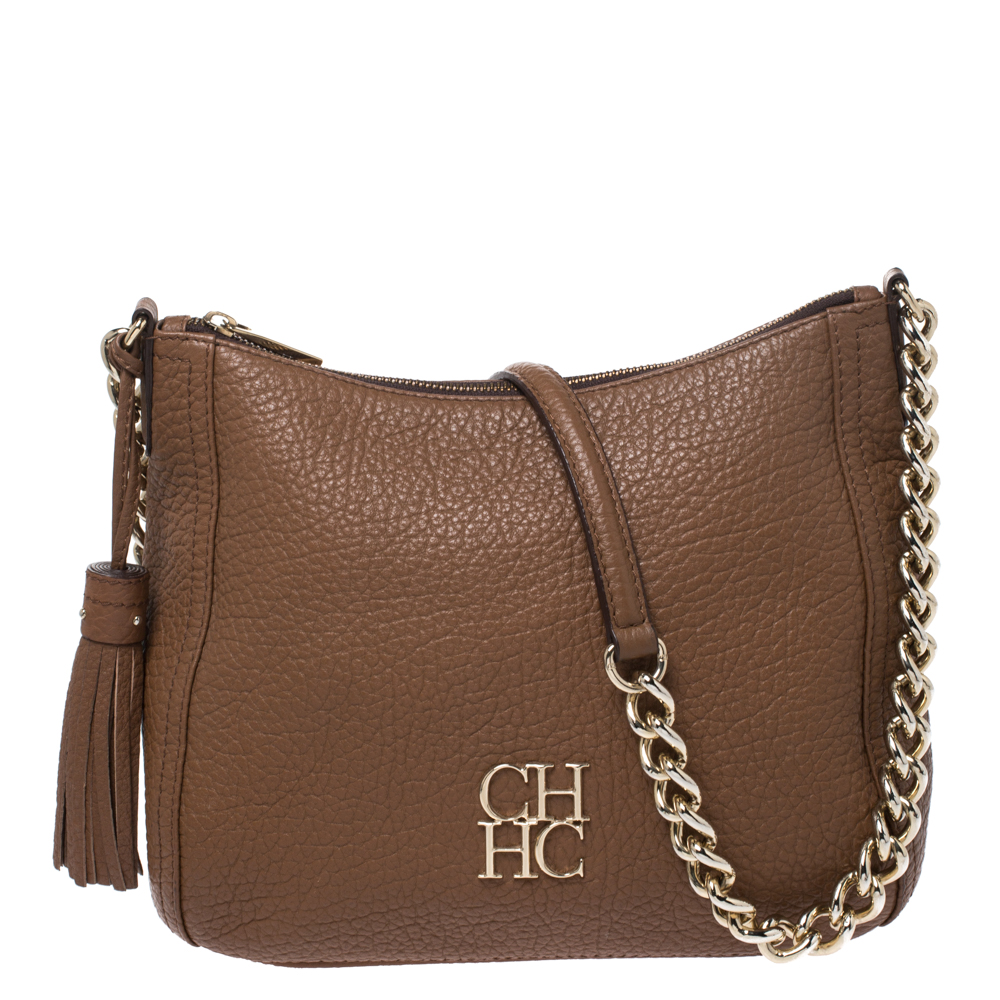 Carolina Herrera Dark Brown Leather Chain Tassel Shoulder Bag CH ...