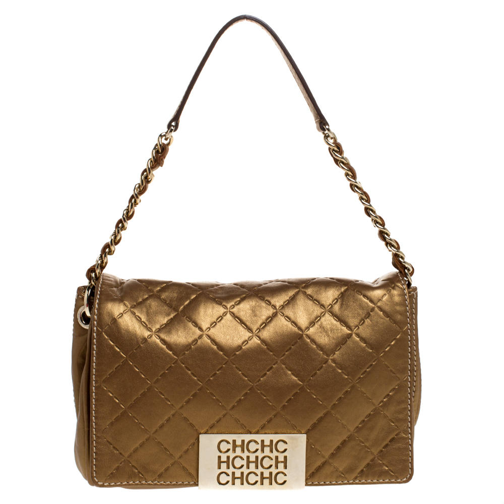 Carolina Herrera Gold Quilted Leather Flap Bag