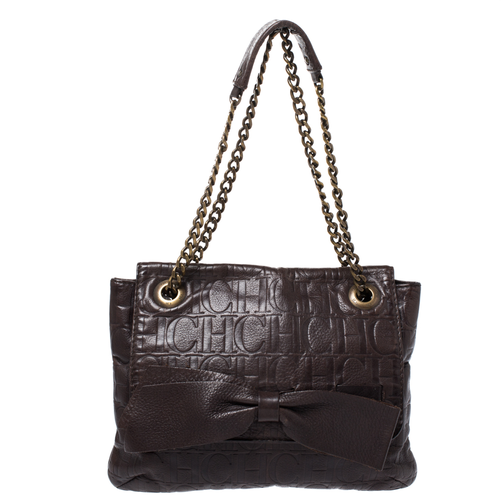 Pre Owned Carolina Herrera Brown Monogram Leather Audrey Shoulder Bag