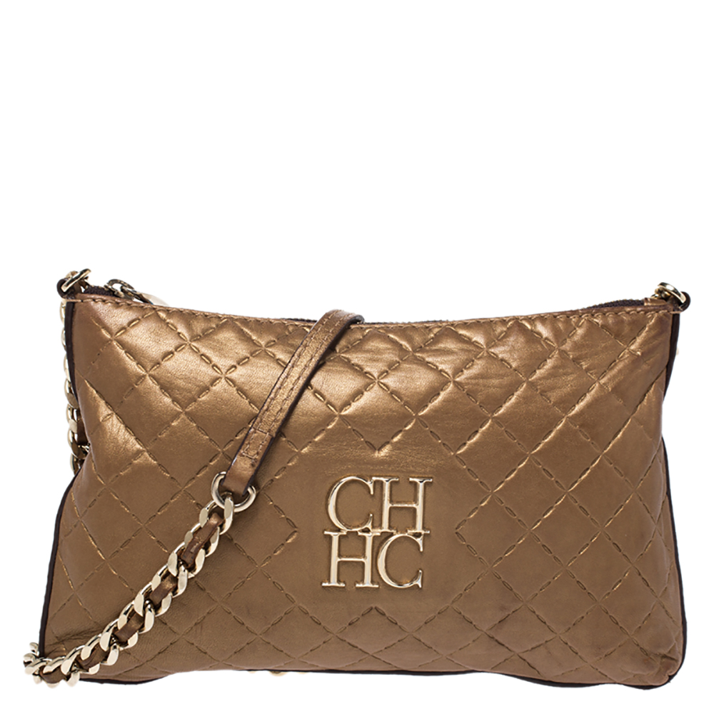Pre Owned Carolina Herrera Metallic Brown Quilted Leather Shoulder Bag