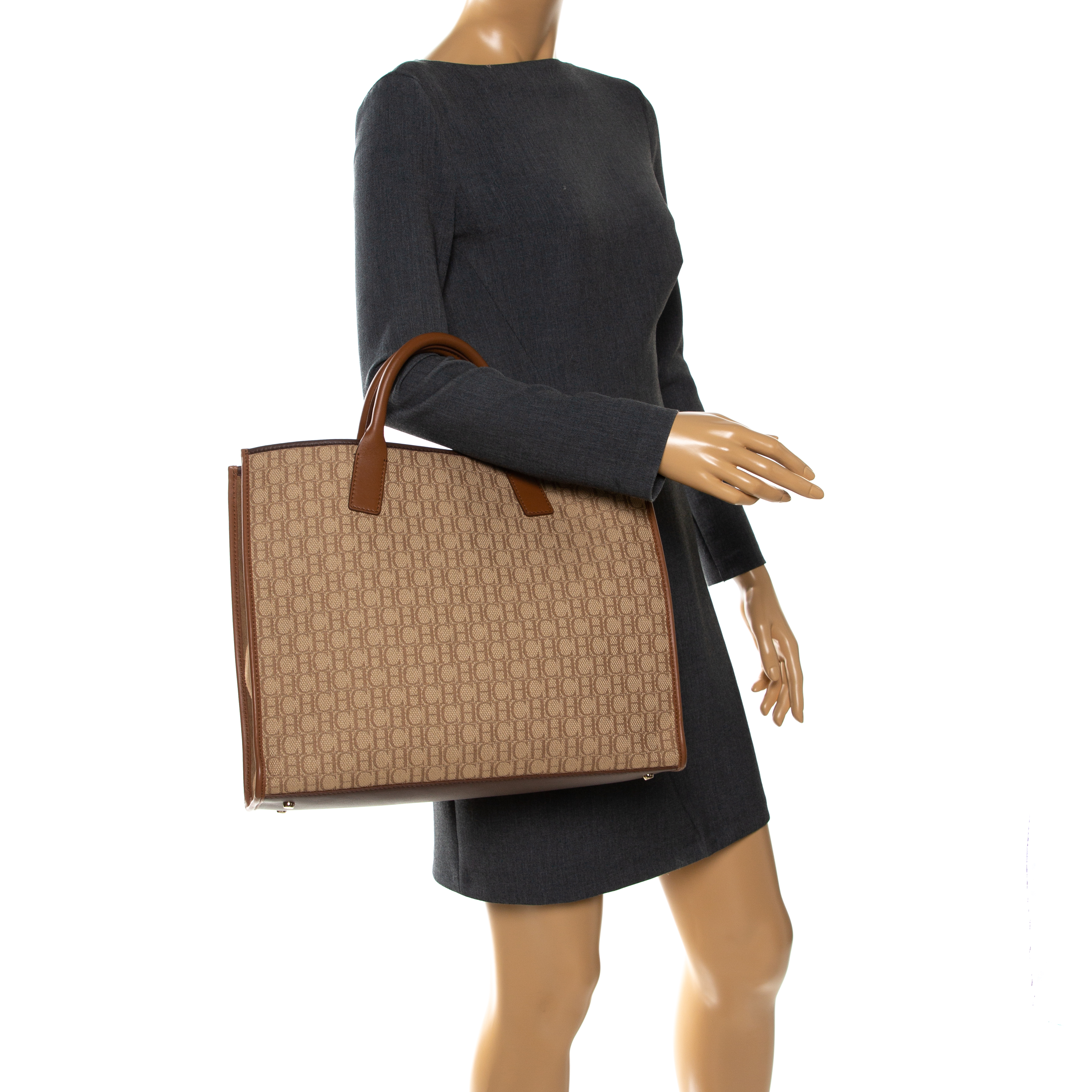 

Carolina Herrera Beige/Brown Monogram Canvas and Leather Tote