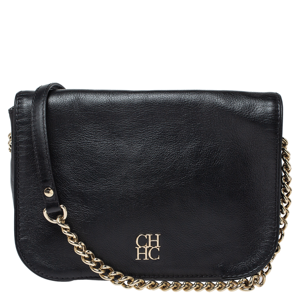 Pre Owned Carolina Herrera Black Leather Flap Shoulder Bag