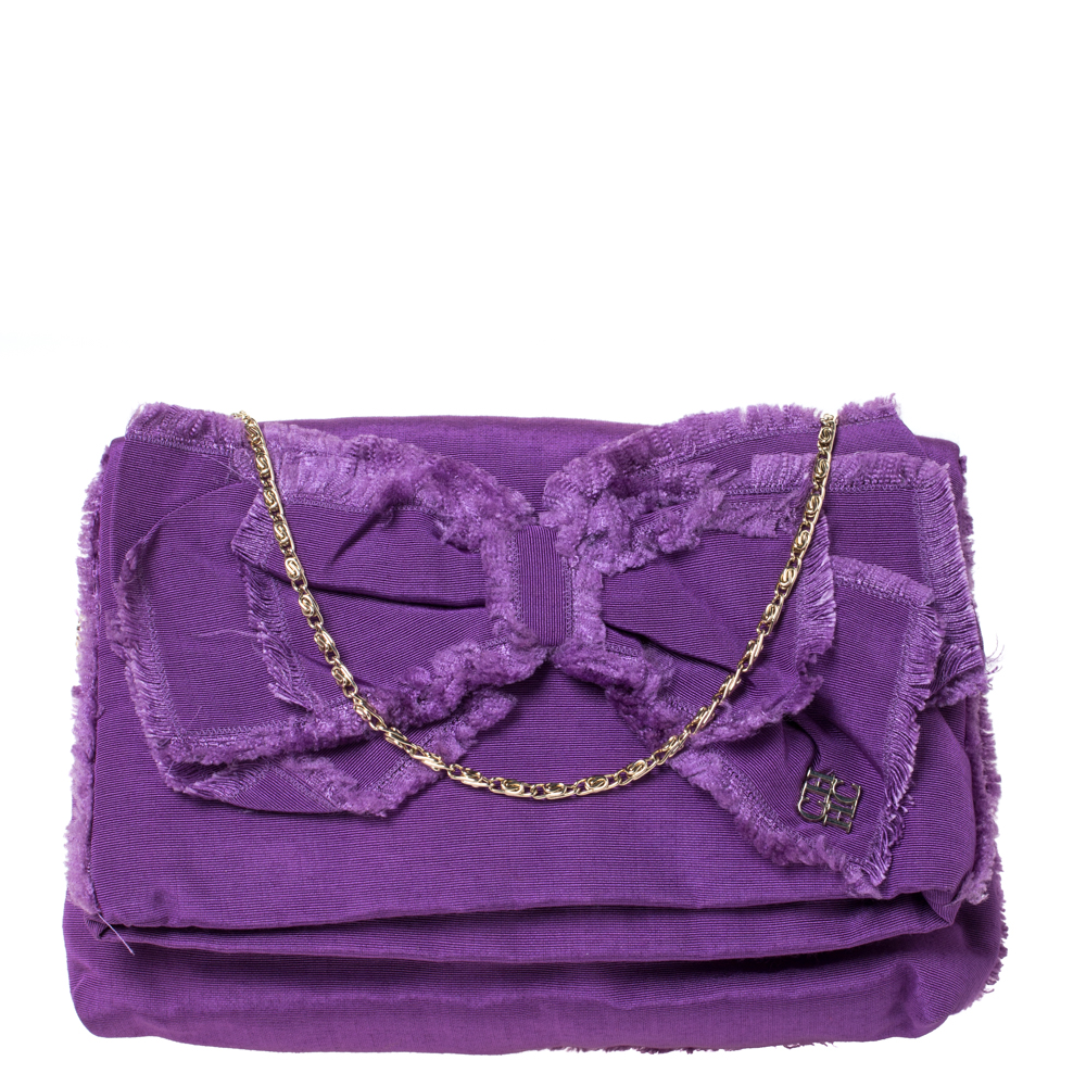 Pre Owned Carolina Herrera Purple Fabric Bow Chain Clutch