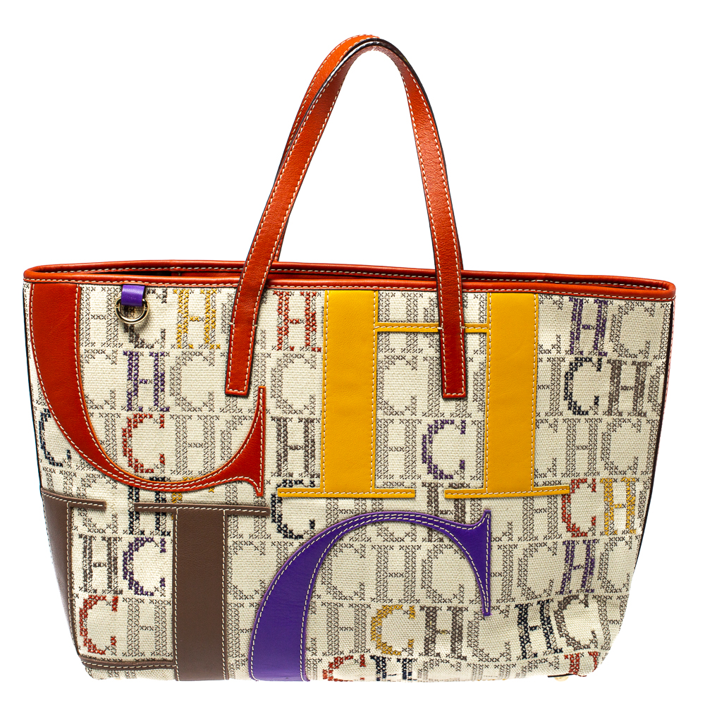 Pre Owned Carolina Herrera Multicolor Monogram Canvas and Leather Tote
