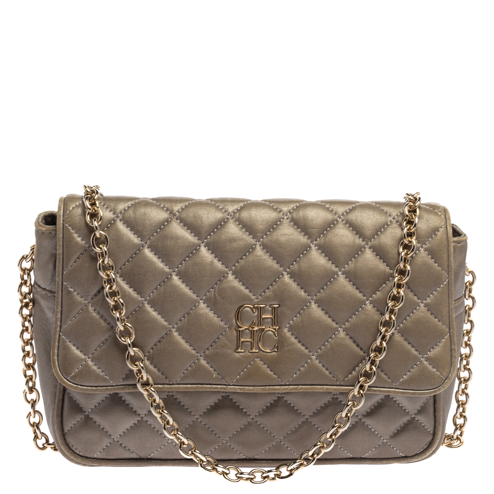 Click to view more detailed imagery on our partner's website Pre-owned Ch Carolina Herrera Carolina Herrera Grey Quilted Leather Shoulder Bag