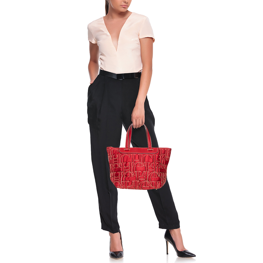 

Carolina Herrera Red Monogram Stitch Nylon and Leather Shopper Tote