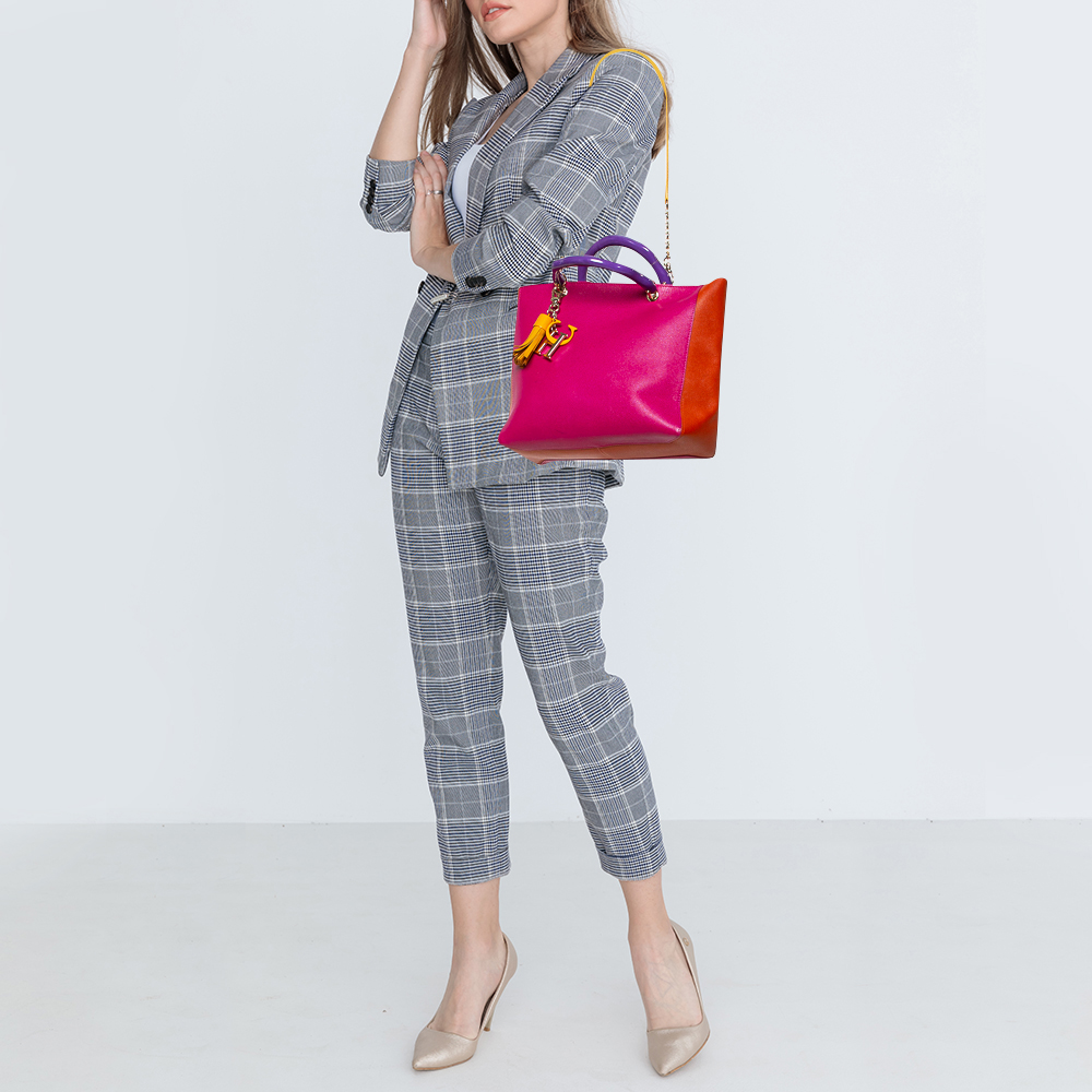 

Carolina Herrera Multicolor Grained Leather Tassel Logo Tote