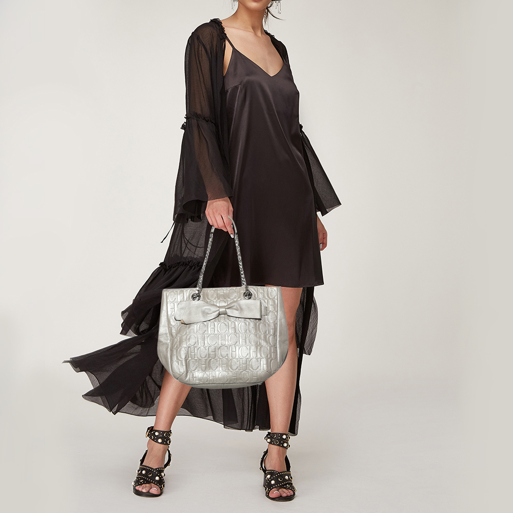 

Carolina Herrera Metallic Grey Monogram Leather Audrey Tote