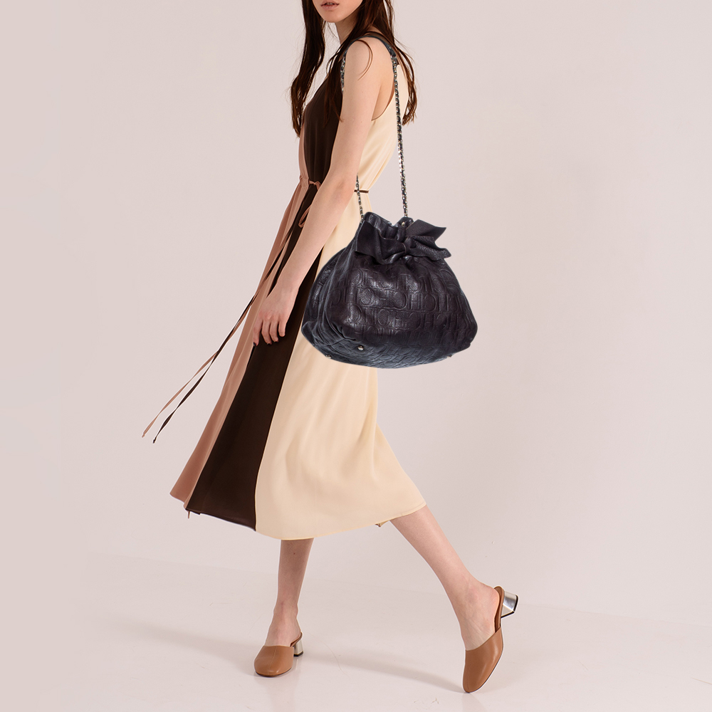 

CH Carolina Herrera Dark Brown Embossed Leather Bow Bucket Bag