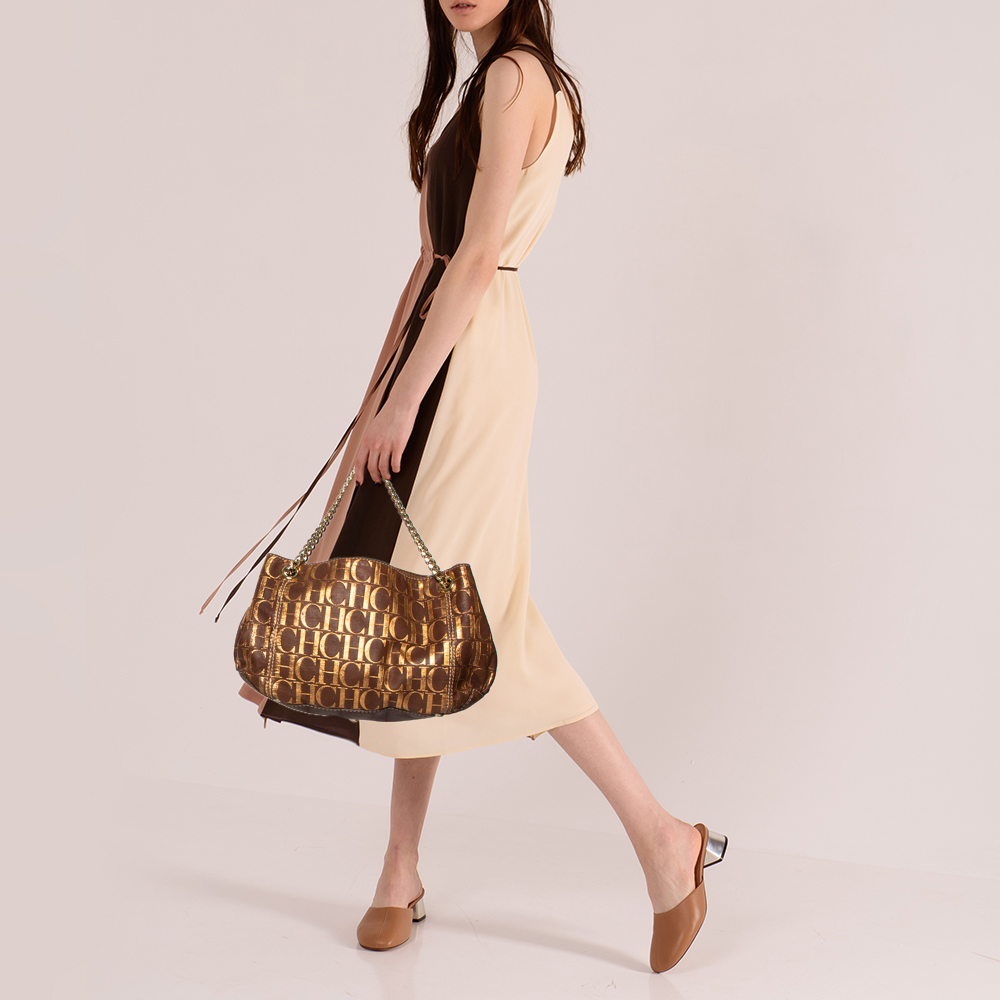 

Carolina Herrera Brown/Metallic Gold Monogram Leather Chain Shoulder Bag