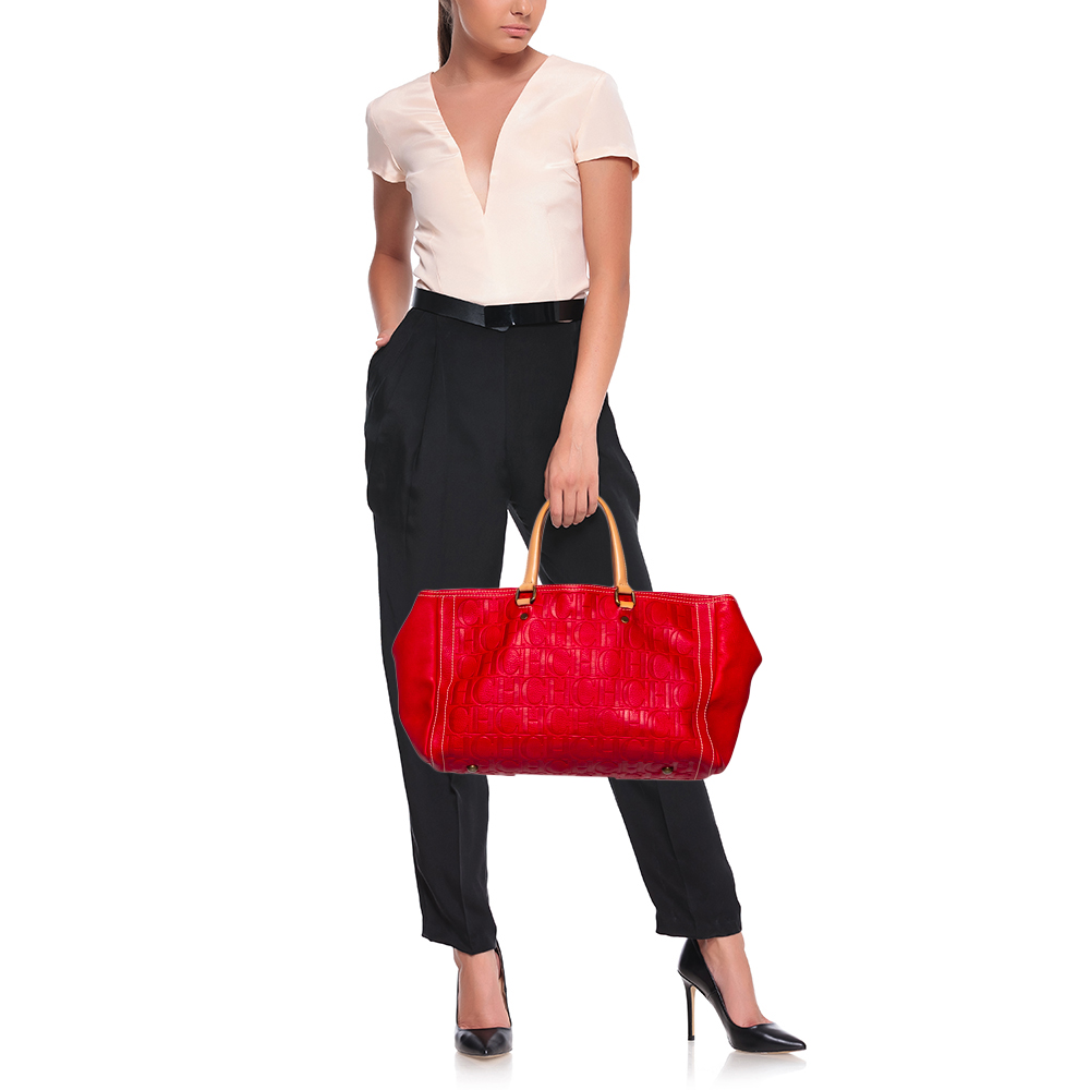 

CH Carolina Herrera Red Monogram Embossed Leather Andy Tote