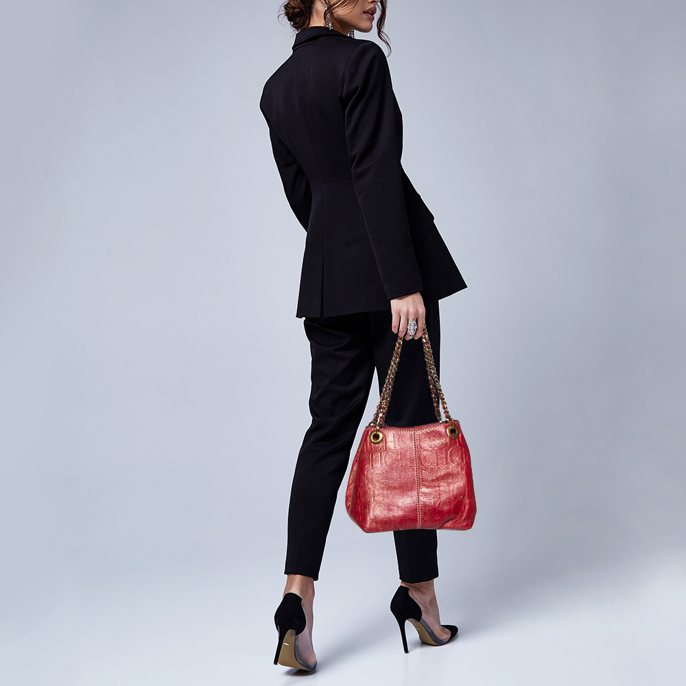 

CH Carolina Herrera Red/Metallic Gold Monogram Leather Chain Shoulder Bag