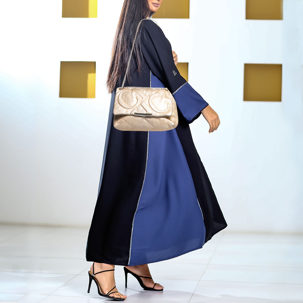 

CH Carolina Herrera Gold Embossed Leather Metal Flap Shoulder Bag