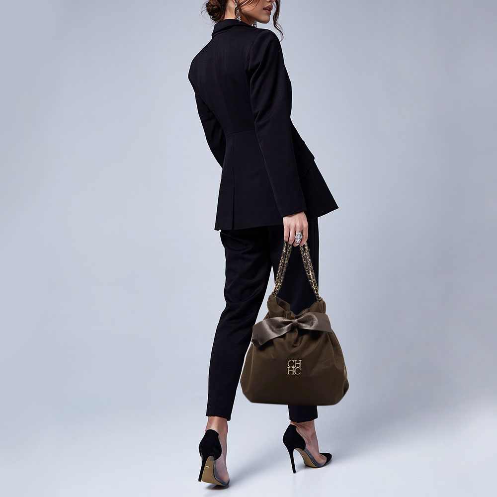

CH Carolina Herrera Brown Nylon and Leather Bow Bucket Bag