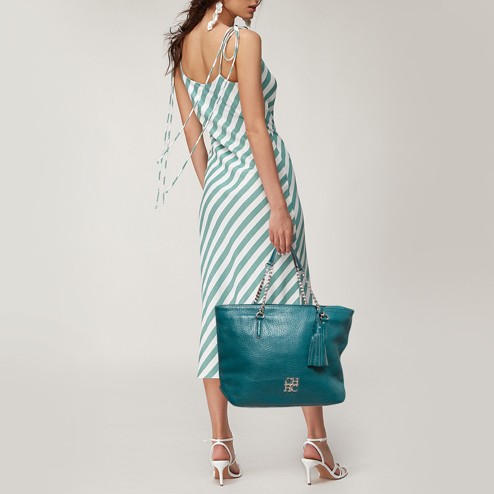 

CH Carolina Herrera Green Grained Leather Tassel Chain Tote