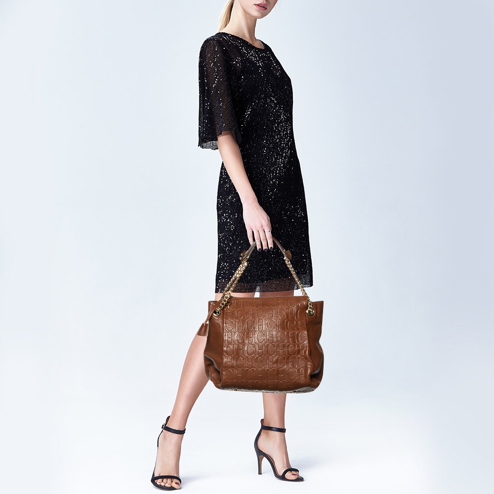 

CH Carolina Herrera Brown Monogram Embossed Leather Chain Tote