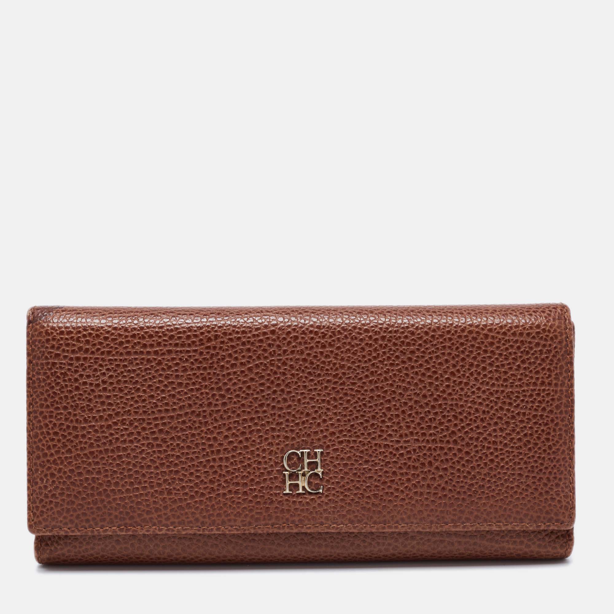

CH Carolina Herrera Brown Monogram Leather Flap Continental Wallet