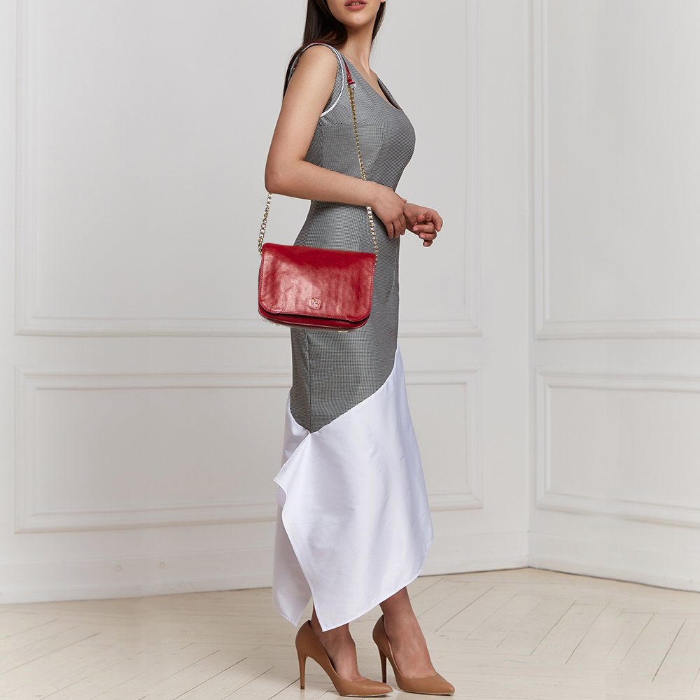 

CH Carolina Herrera Dark Red Leather Flap Chain Shoulder Bag
