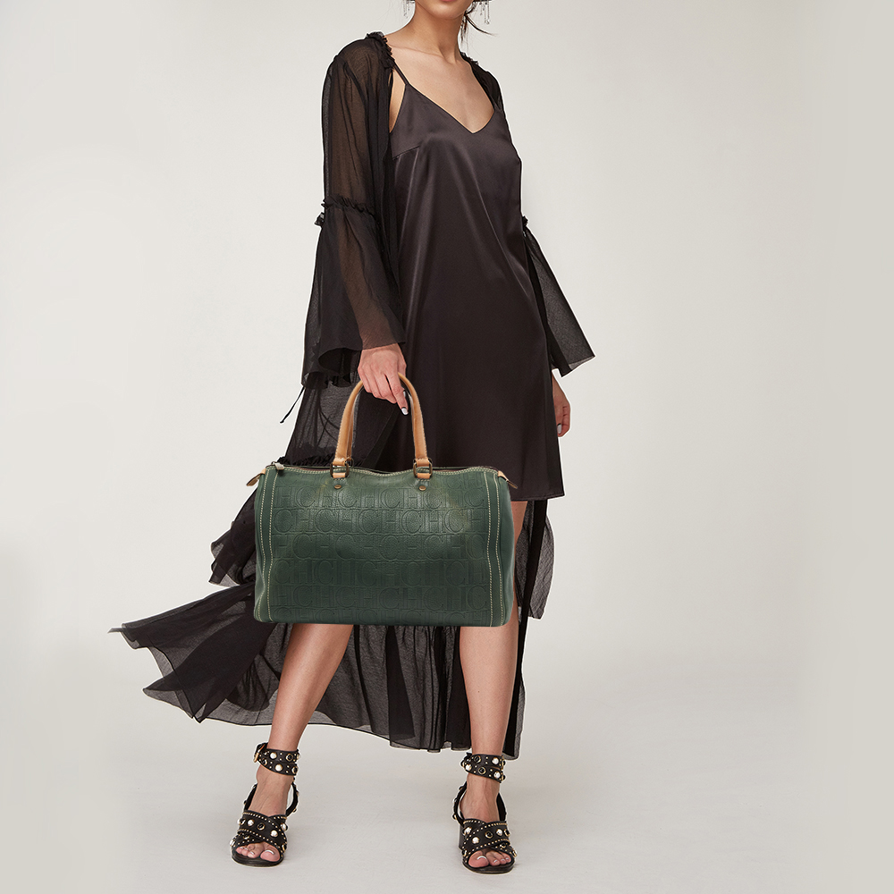 

CH Carolina Herrera Green/Beige Monogram Embossed Leather Large Andy Boston Bag