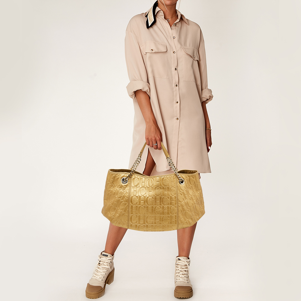 

CH Carolina Herrera Gold Monogram Embossed Leather Chain Handle Tote