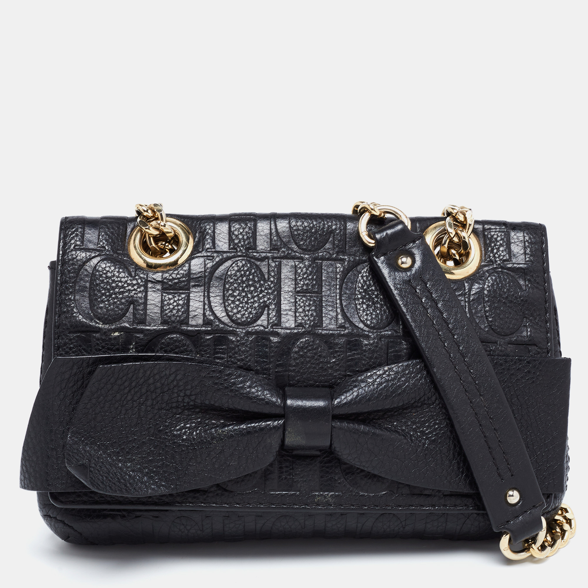 Carolina Herrera Black Monogram Leather Bow Chain Clutch