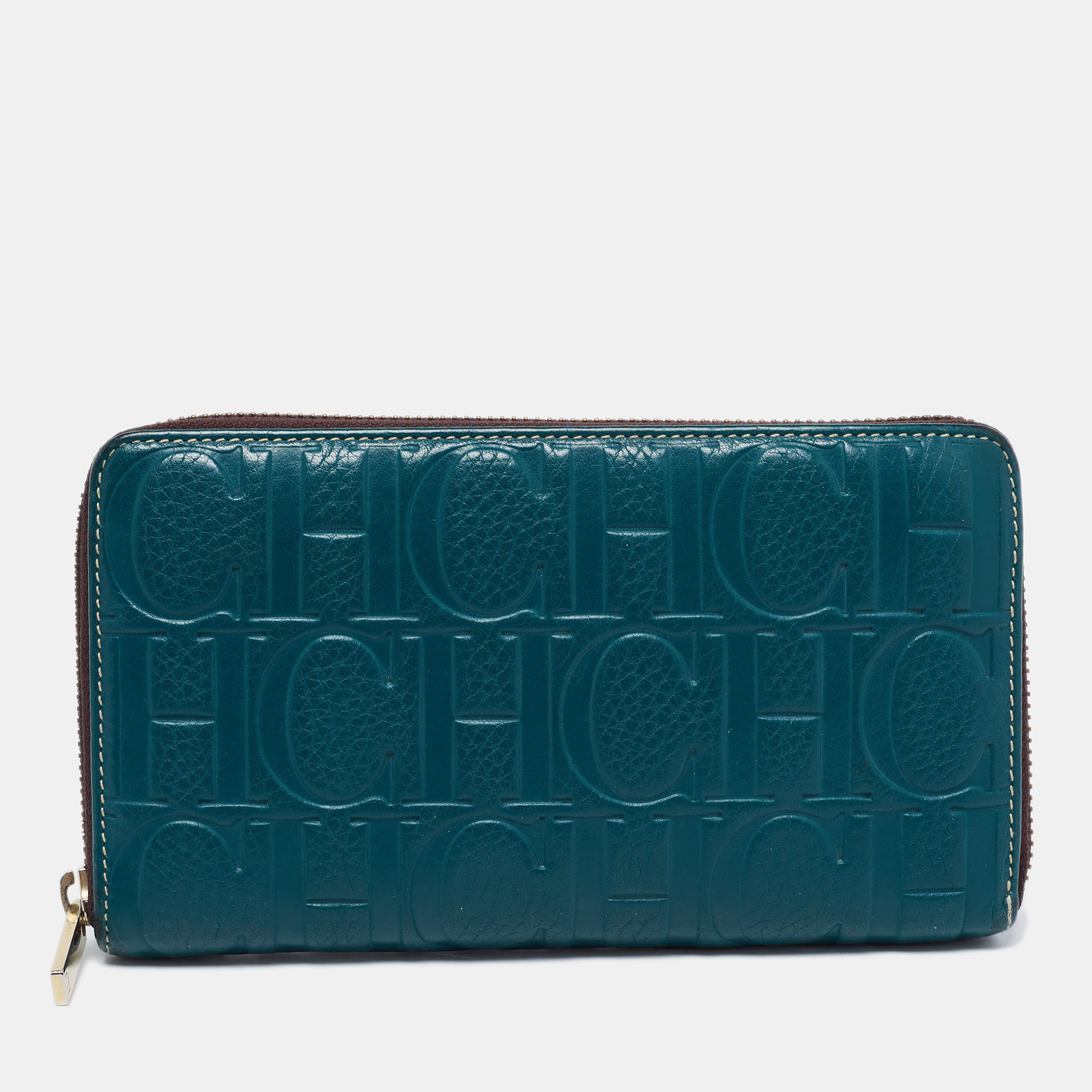Carolina Herrera Blue Monogram Embossed Leather Zip Around Wallet Carolina  Herrera
