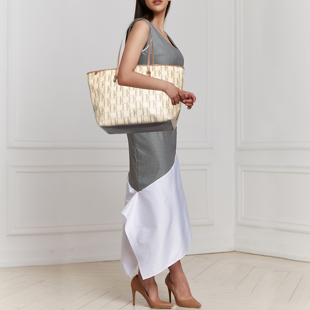 

CH Carolina Herrera Cream Coated Canvas Logo Tote