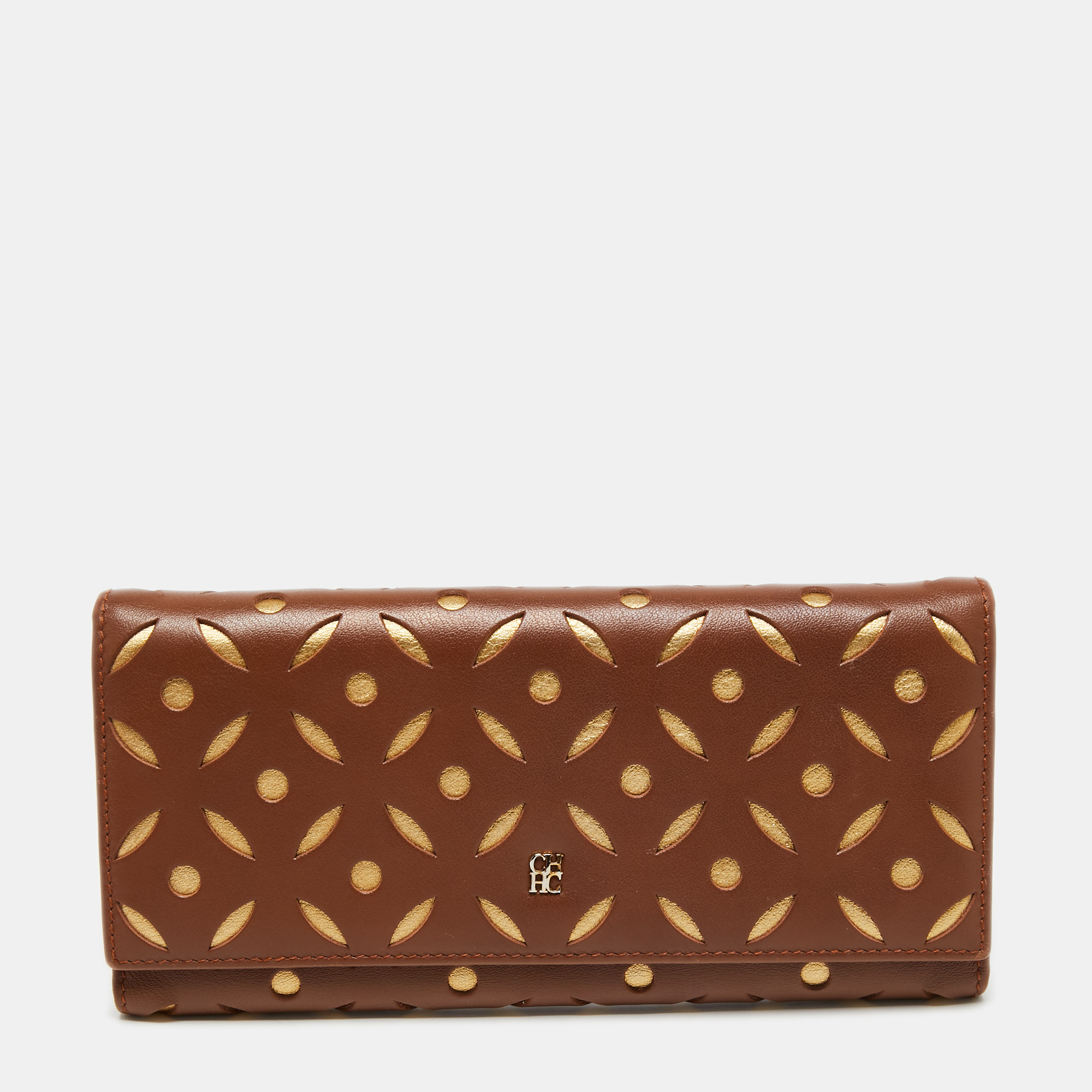 Pre Owned محفظة ثلاثية الطي سي إتش كارولينا هيريرا جلد قصات ليزر بني/ذهبي طويلة