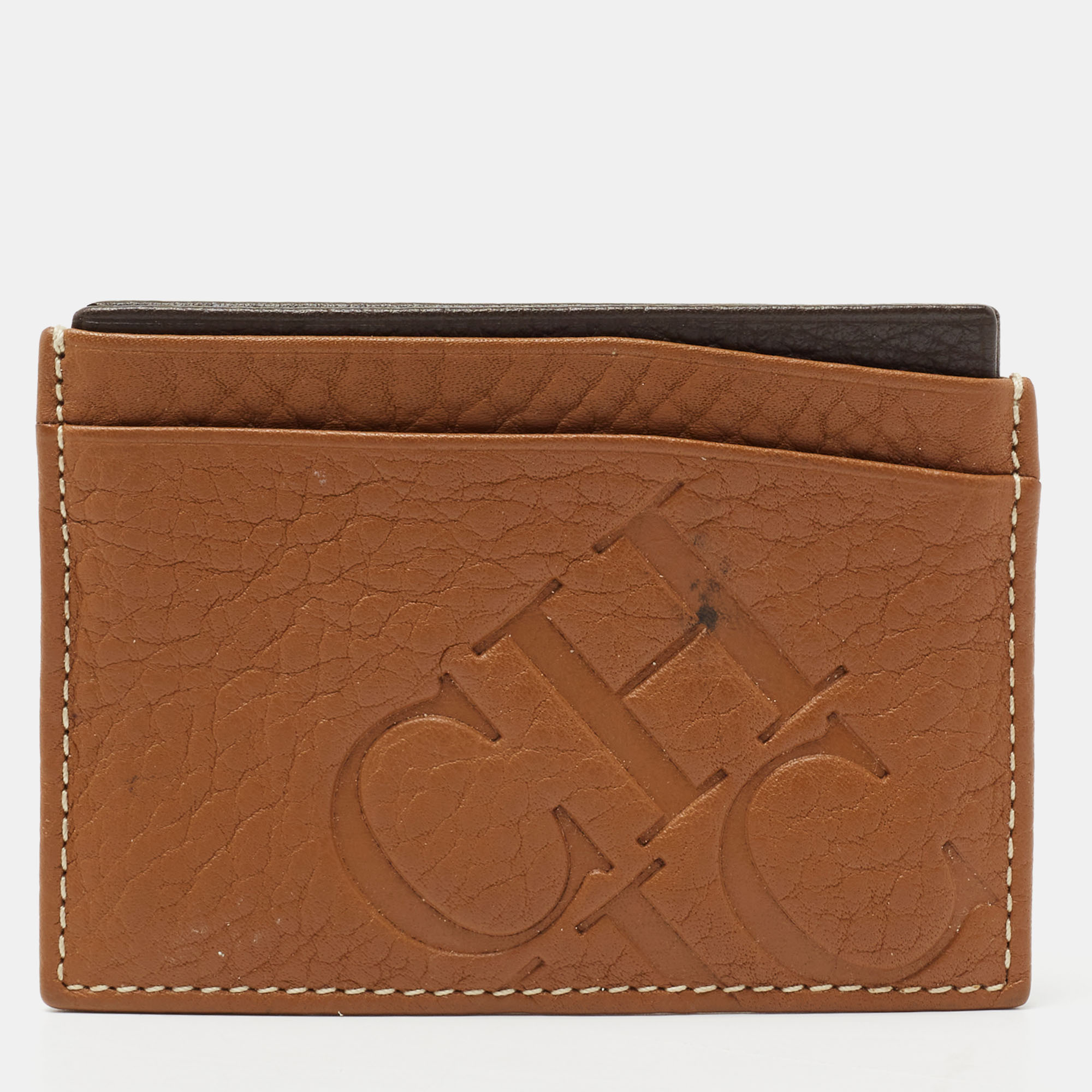 Pre-owned Ch Carolina Herrera Tan Monogram Embossed Leather Card Holder
