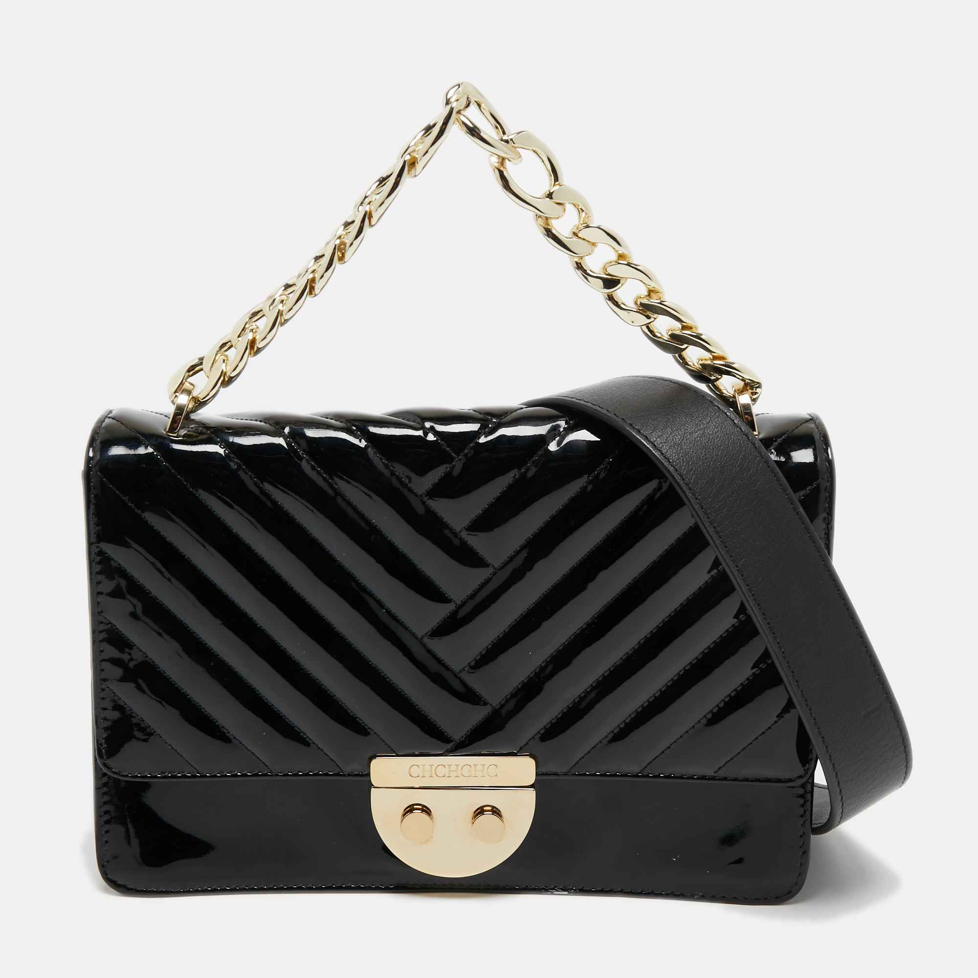 Pre Owned CH Carolina Herrera Black Patent Leather Top Handle Bag