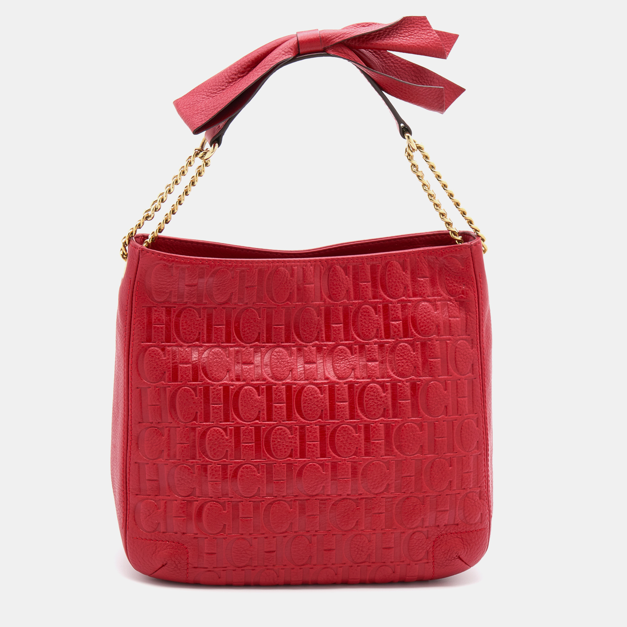 Pre Owned CH Carolina Herrera Red Monogram Embossed Leather Chain Bow Hobo