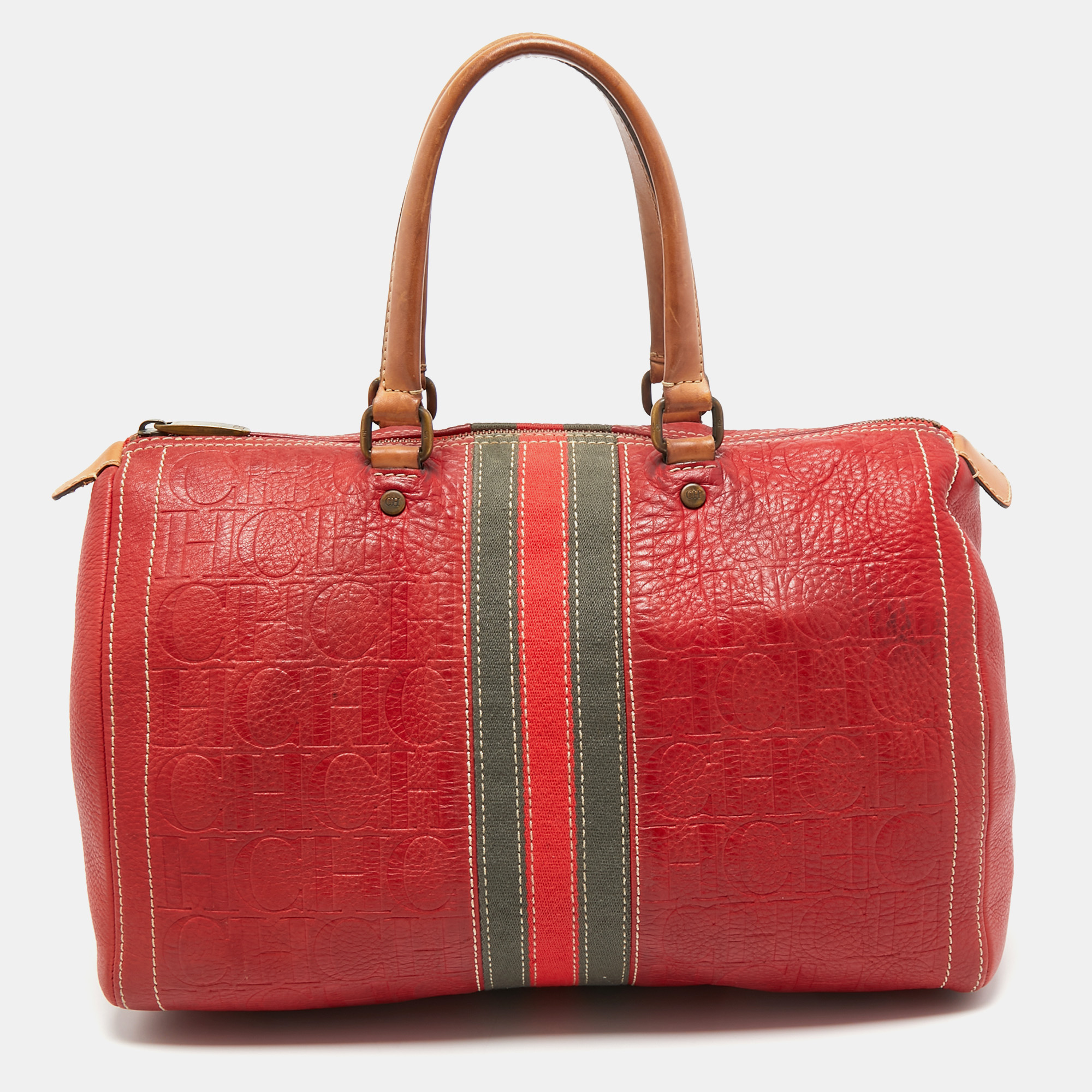Pre Owned CH Carolina Herrera Red Monogram Leather Andy Boston Bag
