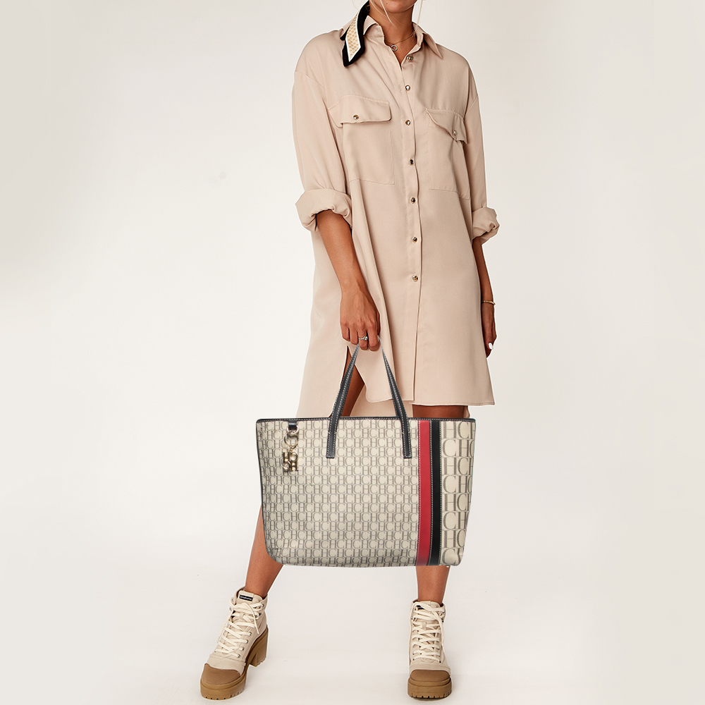 

CH Carolina Herrera Beige/Multicolor Canvas and Striped Leather Tote