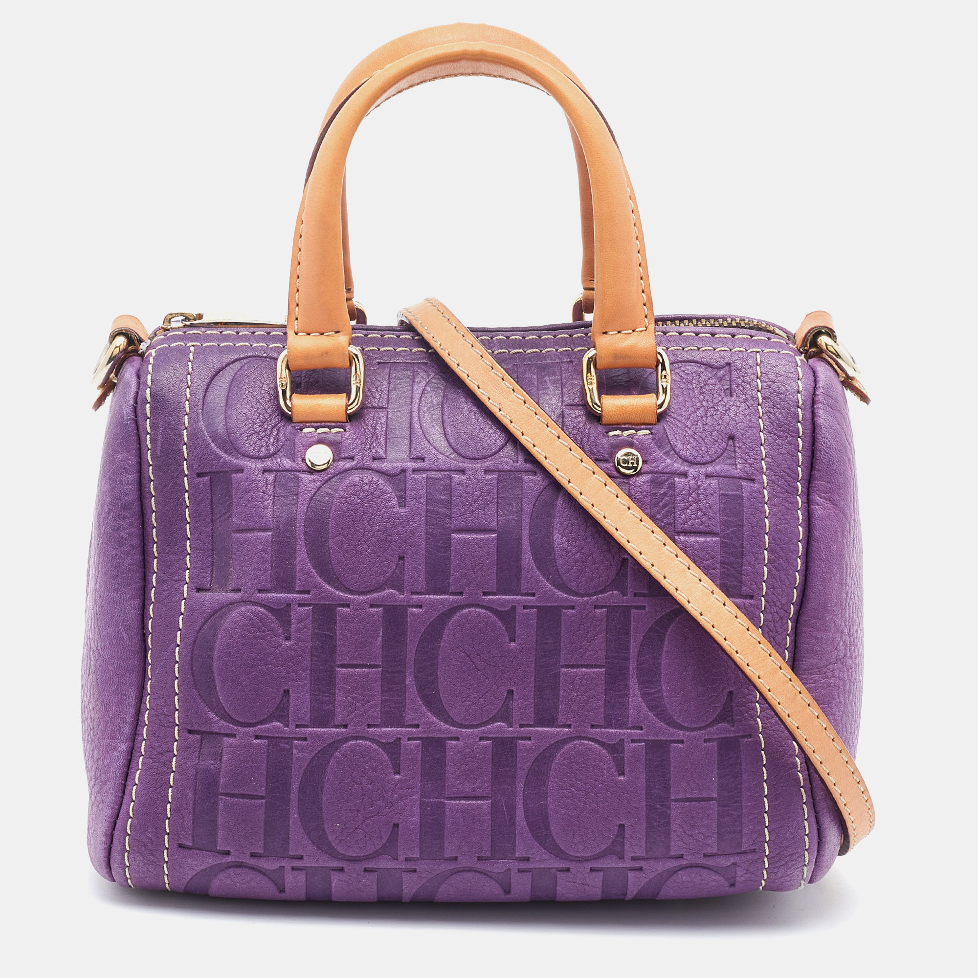 Pre Owned CH Carolina Herrera Purple Monogram Leather Andy Boston Bag