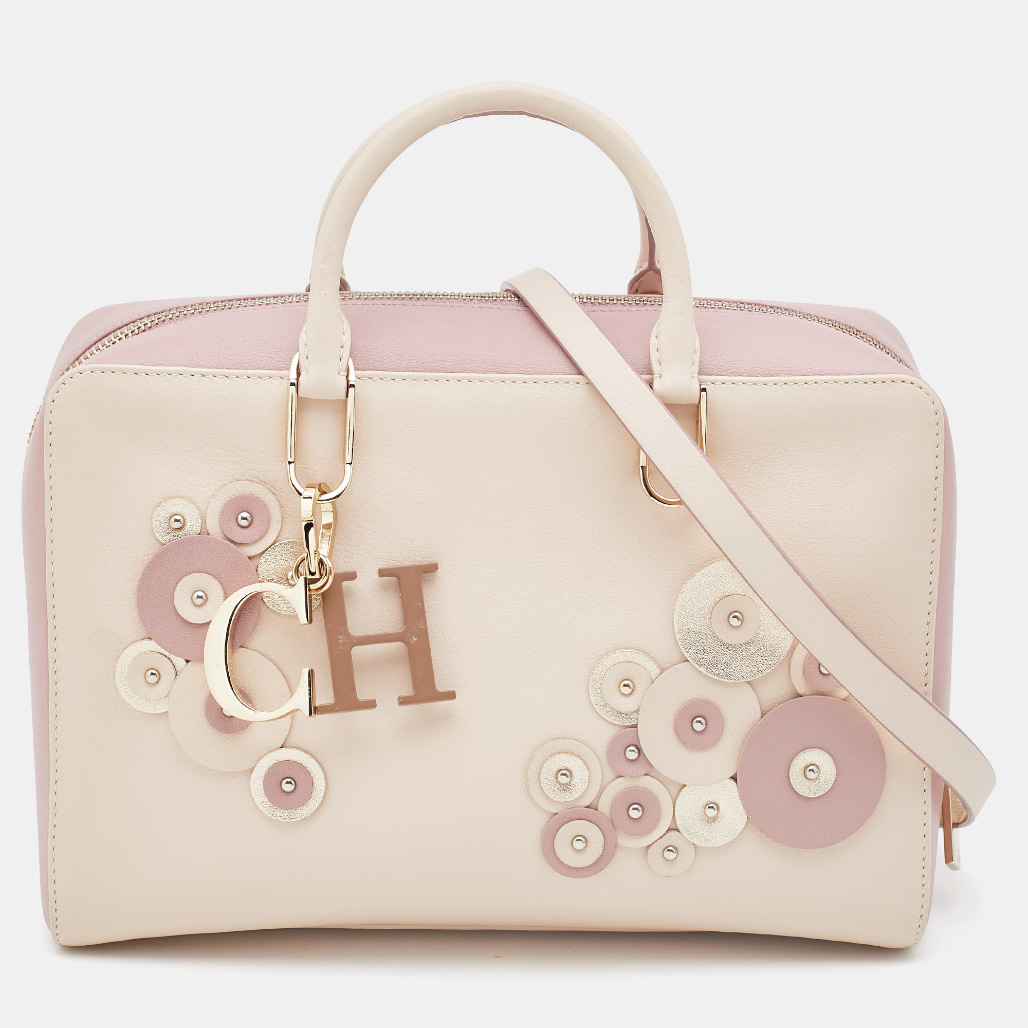 Pre Owned CH Carolina Herrera Beige/Pink Leather Applique Studded Boston Bag 