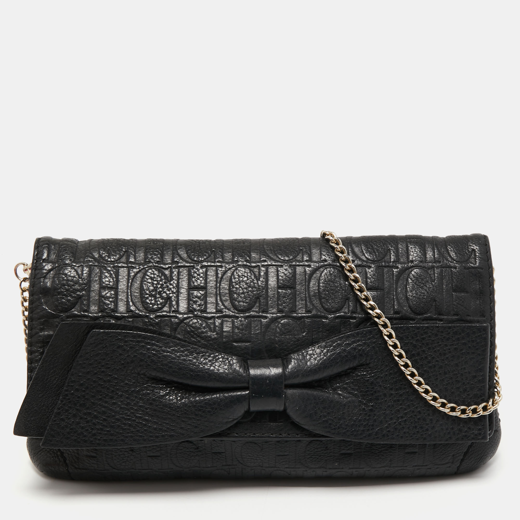 CH CAROLINA HERRERA Pre-owned Black Monogram Embossed Leather Bow Chain Clutch