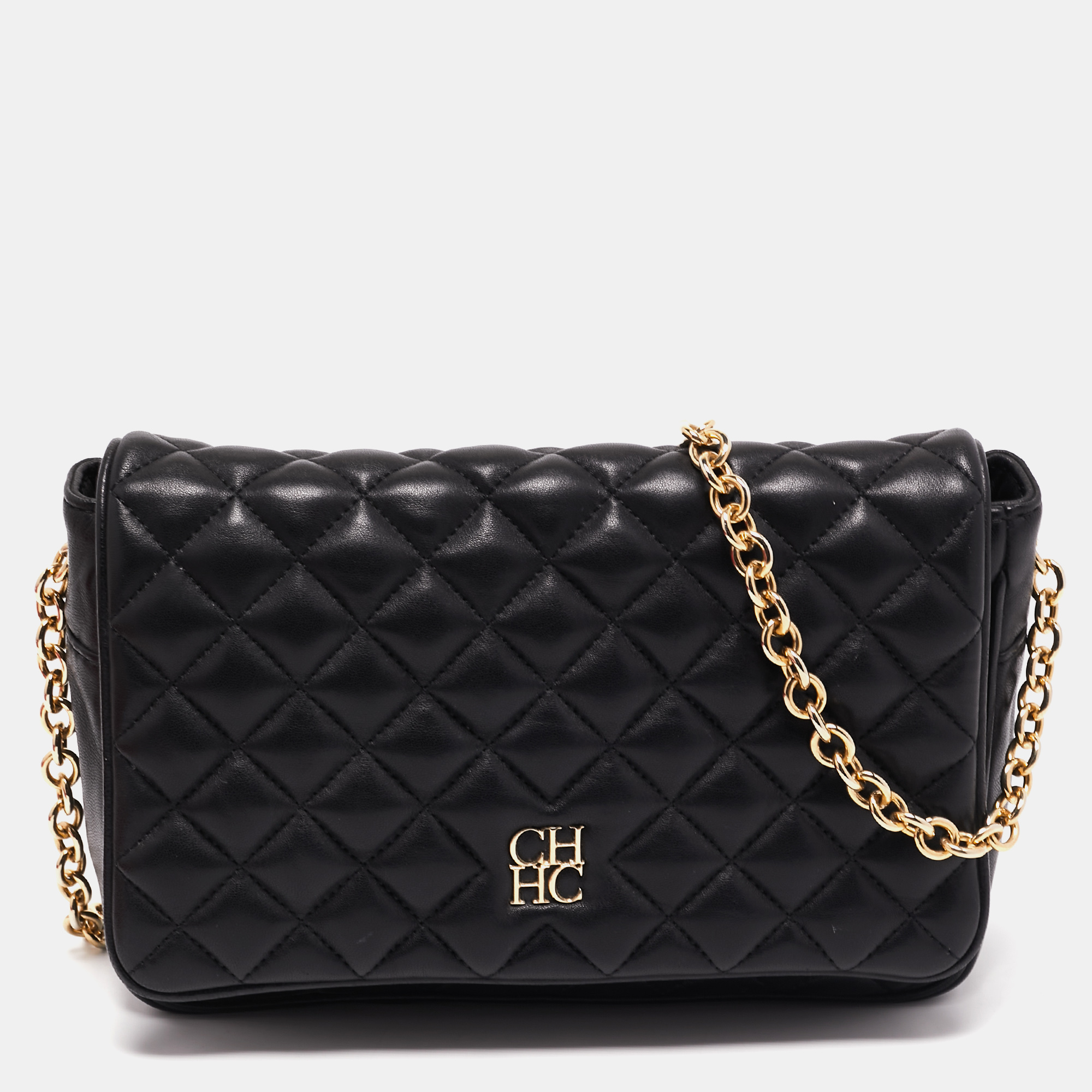CH Carolina Herrera Black Quilted Leather Flap Chain Shoulder Bag CH