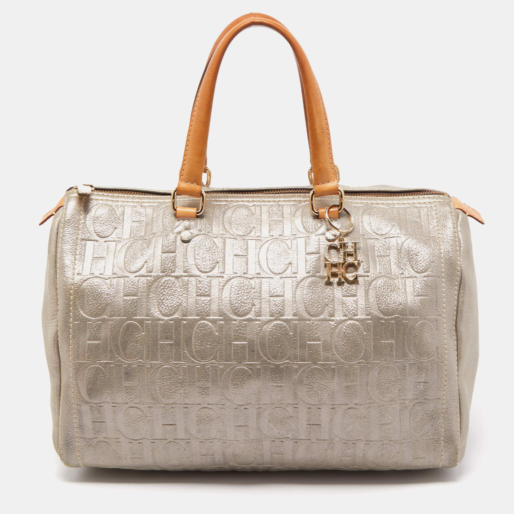 Pre Owned CH Carolina Herrera Silver Shimmer Monogram Leather Andy Boston Bag