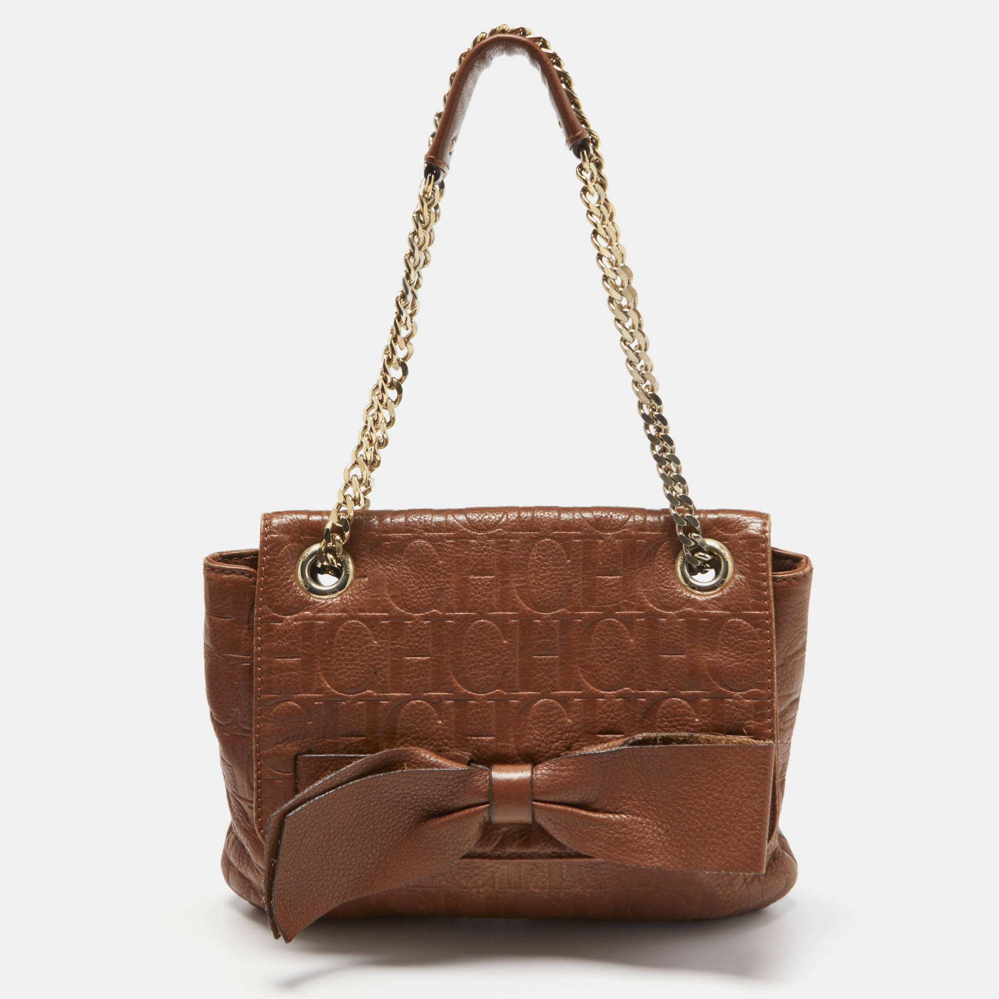 Pre-owned Ch Carolina Herrera Brown Monogram Leather Audrey Shoulder Bag