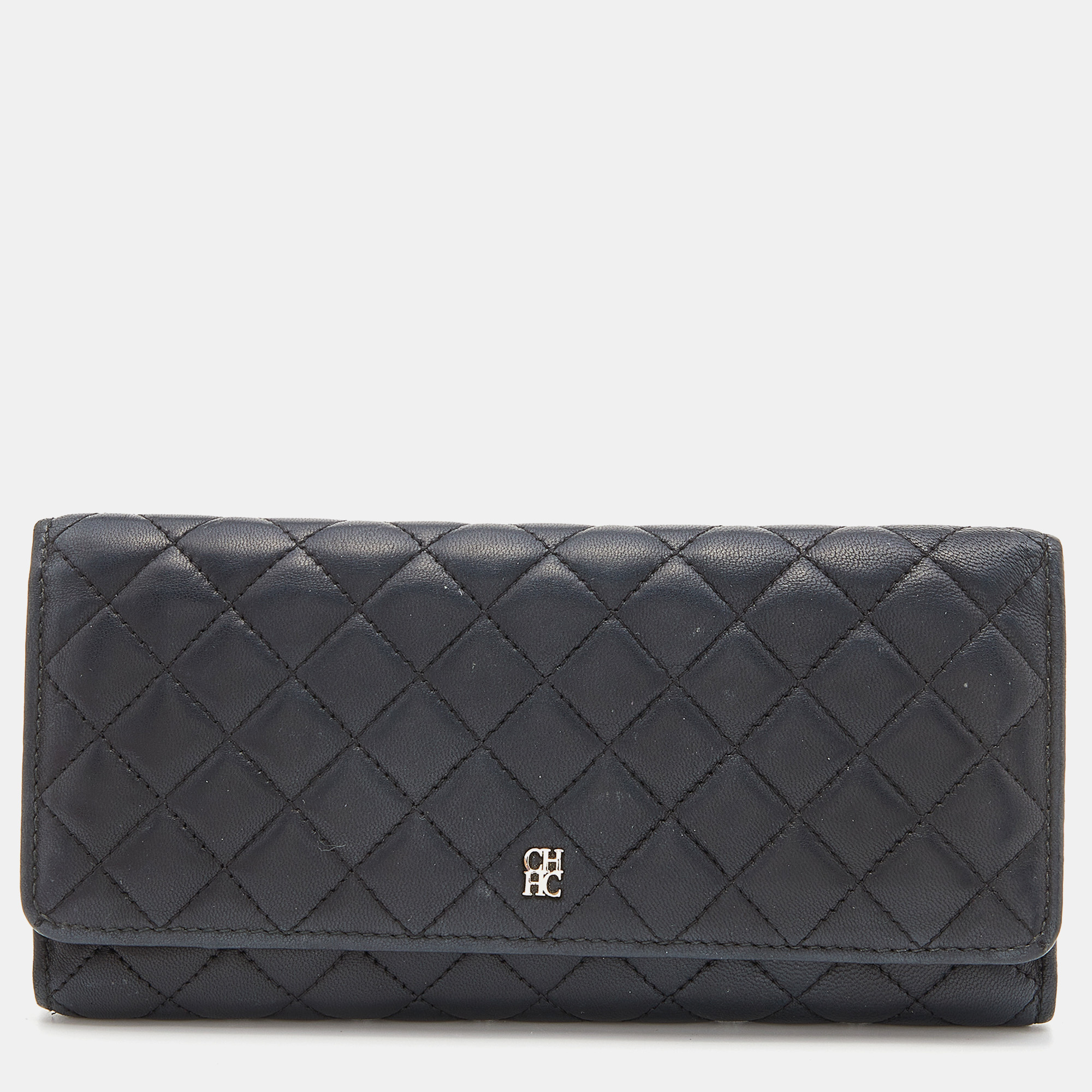Pre-owned Ch Carolina Herrera Black Quilted Leather Continental Wallet