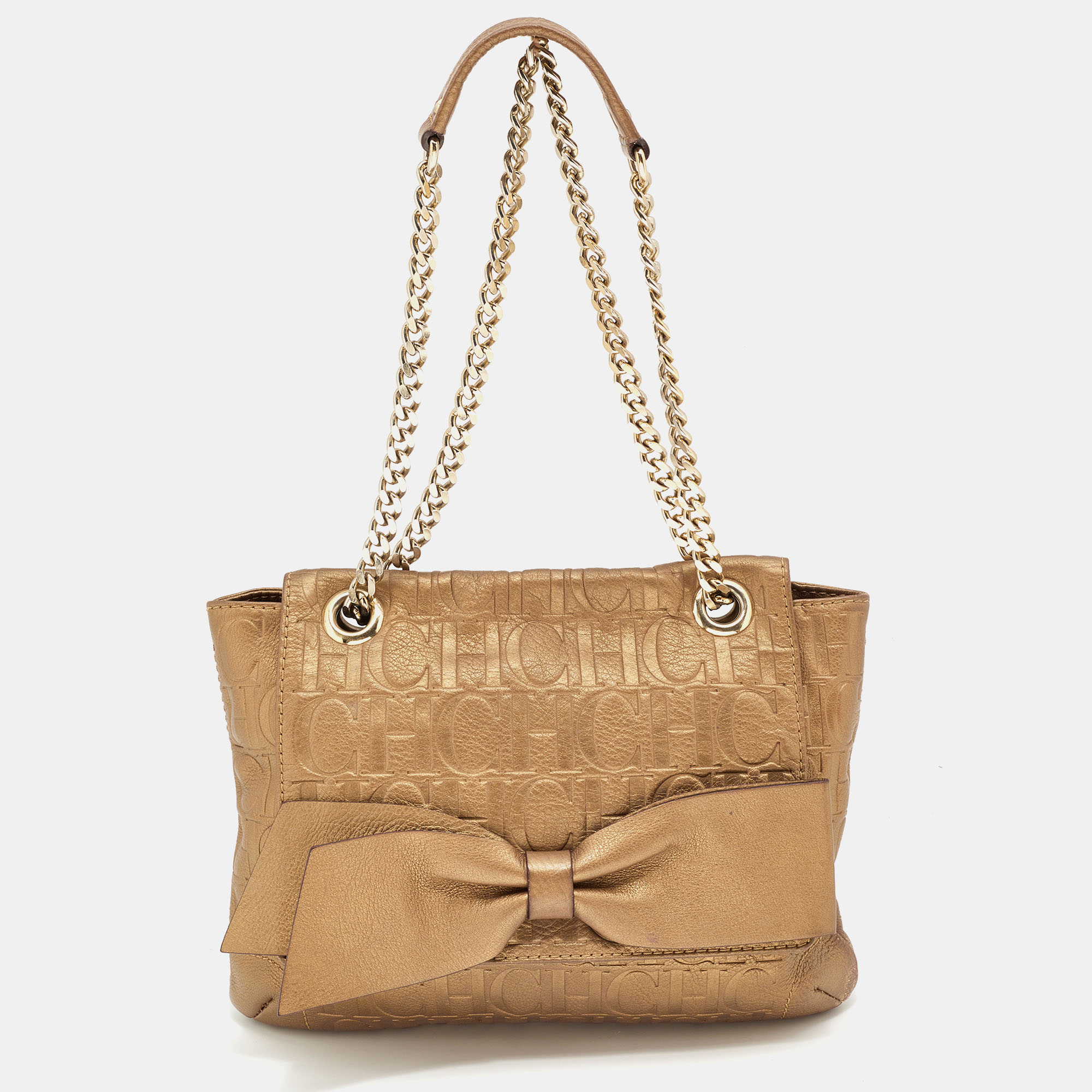 

CH Carolina Herrera Metallic Brown Monogram Embossed Leather Audrey Shoulder Bag